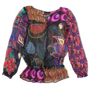 Desigual Sheer Peplum Blouse Womens M Multicolor Abstract Patchwork Artwear Y2K